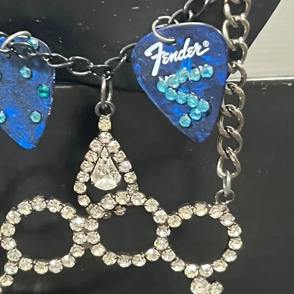 Handmade Rhinestone Guitar Pick Layered Necklace Adjustable One-of-a-Kind Piece